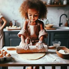 a child making pasta and fettuccine. 