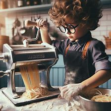 a child using a pasta machine.